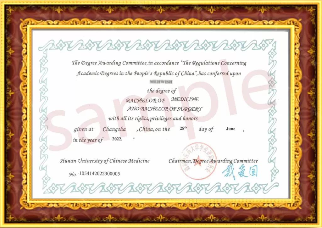 Hunan University Of Chinese Medicine (Hutcm) | Study Mbbs In China 5 Mbbs In China- Degree Sample